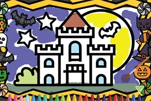Un castel alb desenat în stil desen animat, înconjurat de lilieci, stele și un cer de noapte cu lună plină, având diverse elemente tematice de Halloween pe margini