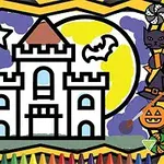 Un castel alb desenat în stil desen animat, înconjurat de lilieci, stele și un cer de noapte cu lună plină, având diverse elemente tematice de Halloween pe margini