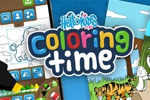 Colaj colorat cu un titlu central Coloring Time și imagini de colorat cu animale și unelte de desenat