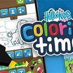 Colaj colorat cu un titlu central Coloring Time și imagini de colorat cu animale și unelte de desenat