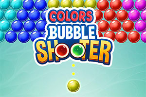 Bule colorate aliniate în partea de sus, logo-ul „Colors Bubble Shooter în centru și o bulă galbenă jos pe fundal turcoaz