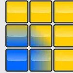 Nouă pătrate aranjate într-o grilă 3x3, colorate în galben și albastru, cu un efect de gradient la unele dintre ele