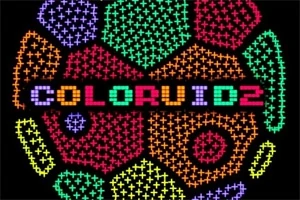 Text colorat COLORVID2 realizat din pixeli, înconjurat de forme multicolore în stil pixel art pe un fundal negru