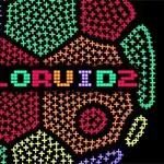 Text colorat COLORVID2 realizat din pixeli, înconjurat de forme multicolore în stil pixel art pe un fundal negru