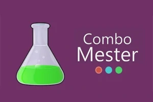 Ilustrație cu un recipient de laborator plin parțial cu lichid verde, alături de textul Combo Mester pe un fundal mov