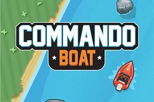 Textul Commando Boat pe un fundal cu o barcă roșie pe apă albastră, cu stânci și vegetație pe margine