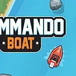 Textul Commando Boat pe un fundal cu o barcă roșie pe apă albastră, cu stânci și vegetație pe margine