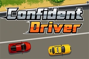 Mașini roșii și galbene pe un drum cu litere mari Confident Driver deasupra