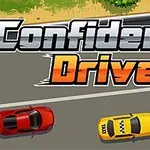 Mașini roșii și galbene pe un drum cu litere mari Confident Driver deasupra