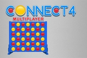 Titlul Connect 4 Multiplayer și un suport albastru cu discuri roșii și galbene aranjate într-un pătrat
