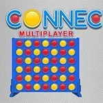 Titlul Connect 4 Multiplayer și un suport albastru cu discuri roșii și galbene aranjate într-un pătrat