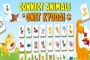 Imaginea prezintă un ecran colorat cu desene animate de animale pe cărți de joc, un titlu mare și imagini de animale pe fundal