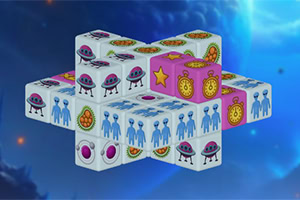 Cuburi 3D cu imagini de OZN-uri, extratereștri, stele și cronometre pe un fundal spațial