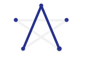 Diagramă cu linii albastre și puncte conectate, formând un model geometric de stea