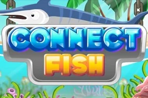 Un rechin cartoon plutește deasupra unui panou cu text stilizat colorat Connect Fish, pe un fundal marin tropical vibrant