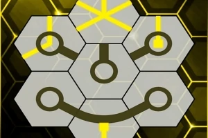 Un aranjament de hexagoane conectate, cu linii galbene și negre pe un fundal hexagonal