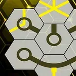 Un aranjament de hexagoane conectate, cu linii galbene și negre pe un fundal hexagonal