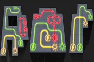 Connect It Trei modele de trasee electrice cu linii verzi, roșii și galbene, punctate de simboluri de fulger și soare, pe fundal gri închis