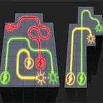 Connect It Trei modele de trasee electrice cu linii verzi, roșii și galbene, punctate de simboluri de fulger și soare, pe fundal gri închis