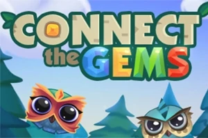 Titlu colorat Connect the Gems cu două bufnițe stilizate și copaci pe fundalul unui cer albastru
