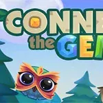 Titlu colorat Connect the Gems cu două bufnițe stilizate și copaci pe fundalul unui cer albastru
