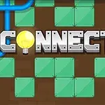 Text metalic CONNECTOR cu o literă sub formă de bec aprins, în fața unui fundal de plăci verzi și țevi albastre