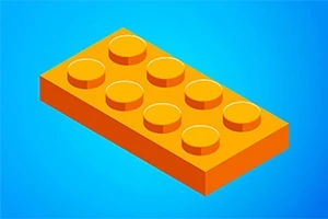 Piesă galbenă de construcție din plastic cu opt proeminențe, pe un fundal albastru