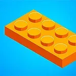 Piesă galbenă de construcție din plastic cu opt proeminențe, pe un fundal albastru