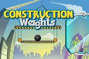 Textul „Construction Weights” afișat deasupra unei platforme cu o bilă neagră suspendată, pe fundalul unui oraș stilizat