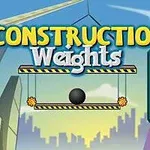 Textul „Construction Weights” afișat deasupra unei platforme cu o bilă neagră suspendată, pe fundalul unui oraș stilizat