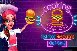 Fată în haine de bucătar ținând un burger în mână, alături de un panou negru cu text neon cooking express și fast food restaurant chef game