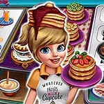 O tânără bucătăreasă zâmbitoare ține o farfurie cu clătite lângă un aragaz, înconjurată de diverse ingrediente și mâncăruri