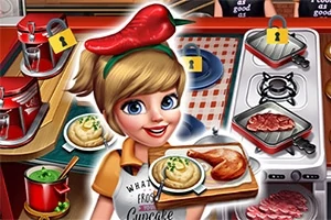 O tânără cu păr blond ține un platou cu mâncare și poartă o bentită roșie cu un ardei pe cap, într-o bucătărie plină de echipamente culinare