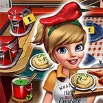 O tânără cu păr blond ține un platou cu mâncare și poartă o bentită roșie cu un ardei pe cap, într-o bucătărie plină de echipamente culinare