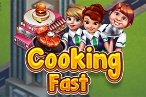 Trei personaje zâmbitoare în fața unui camion roz cu mâncare și textul Cooking Fast