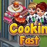 Trei personaje zâmbitoare în fața unui camion roz cu mâncare și textul Cooking Fast
