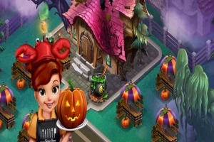 Personaj cu pălărie roșie ține un dovleac sculptat, în fața unei case de basm cu acoperiș roz și decoruri de Halloween în fundal