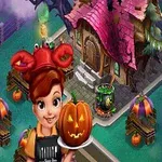 Personaj cu pălărie roșie ține un dovleac sculptat, în fața unei case de basm cu acoperiș roz și decoruri de Halloween în fundal