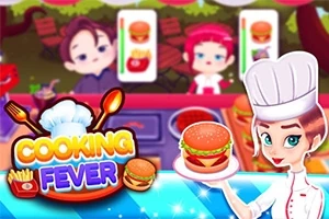 Bucătar îmbrăcat în alb ține un hamburger, cu titlul colorat Cooking Fever în stânga imaginii, pe fundal fiind clienți care așteaptă mâncare