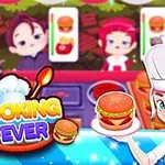 Bucătar îmbrăcat în alb ține un hamburger, cu titlul colorat Cooking Fever în stânga imaginii, pe fundal fiind clienți care așteaptă mâncare