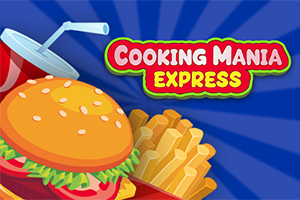 Hamburger, cartofi prăjiți și pahar cu băutură, alături de titlul Cooking Mania Express pe un fundal albastru