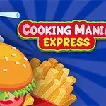 Hamburger, cartofi prăjiți și pahar cu băutură, alături de titlul Cooking Mania Express pe un fundal albastru