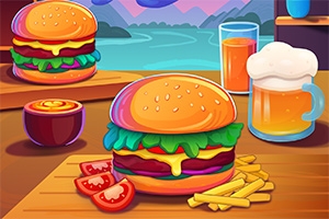 Burgeri colorați cu salată, roșii, cartofi prăjiți și băuturi pe o masă de lemn, cu un fundal pitoresc montan