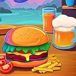 Burgeri colorați cu salată, roșii, cartofi prăjiți și băuturi pe o masă de lemn, cu un fundal pitoresc montan