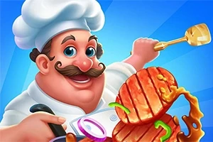 Bucătar cu mustață și bonetă albă ținând o spatulă aurie, alături de o bucată de carne la grătar și legume feliate