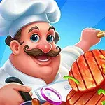 Bucătar cu mustață și bonetă albă ținând o spatulă aurie, alături de o bucată de carne la grătar și legume feliate