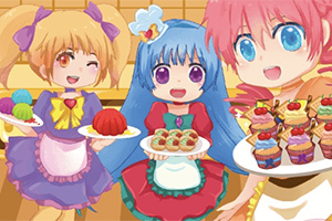 Trei personaje anime colorate servesc deserturi și prăjituri într-o bucătărie veselă