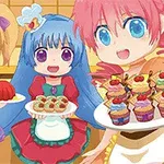 Trei personaje anime colorate servesc deserturi și prăjituri într-o bucătărie veselă