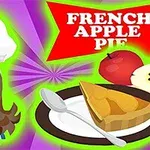Imaginea prezintă o femeie animată purtând o bonetă de bucătar, alături de o felie de plăcintă cu mere pe o farfurie și două mere întregi pe un fundal colorat