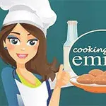 Femeie zâmbitoare cu șapcă de bucătar oferind un semn de aprobare lângă produse de bucătărie și o farfurie cu prăjituri
